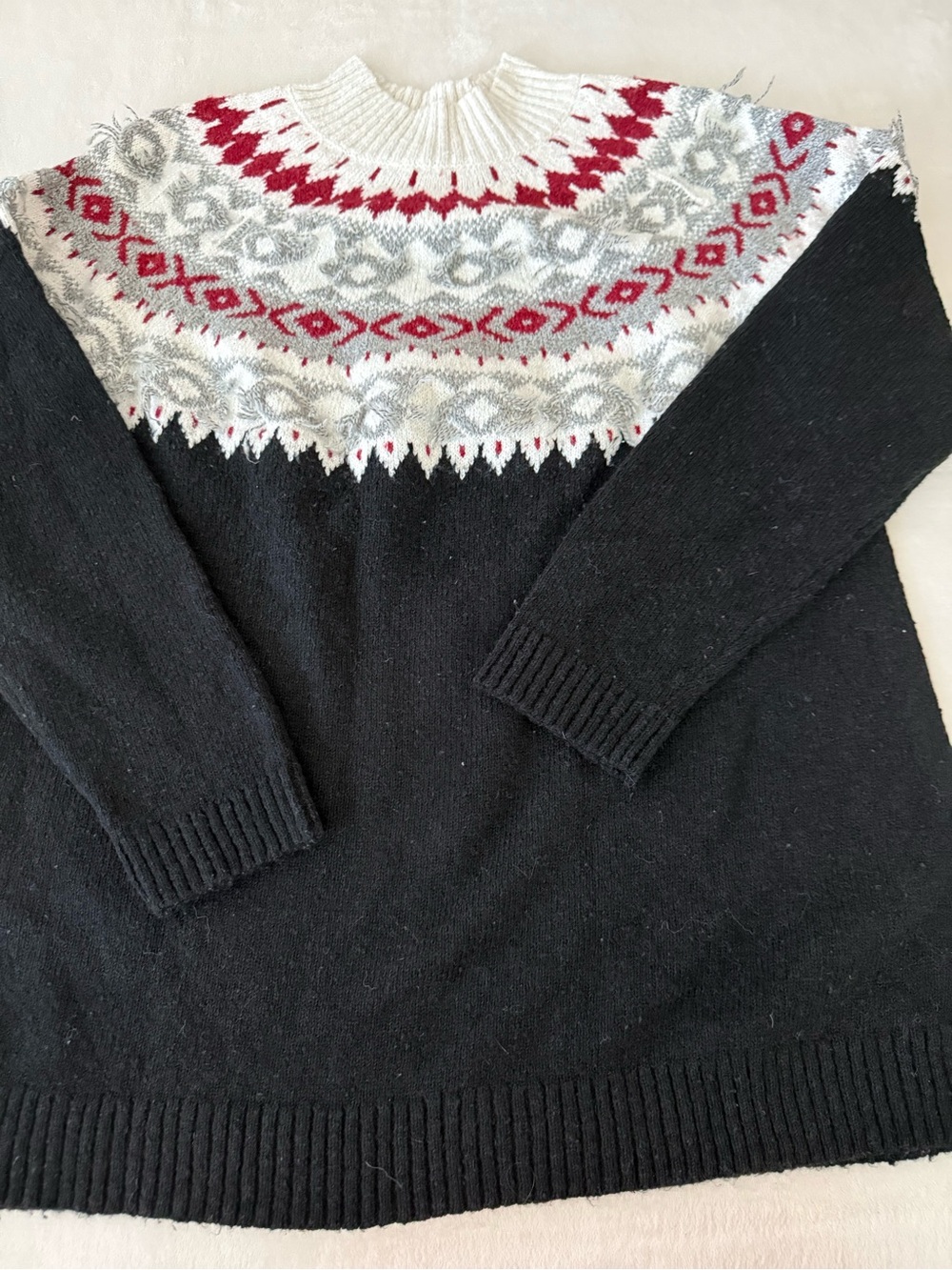 J Jill Classic Black Fair Isle Knit Sweater with Red and Gray Yoke medium